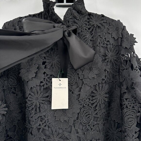 Tuckernuck Black Guipure Lace Daphne Dress XS Ruffle Collar Bow Cocktail Party - Picture 4 of 6